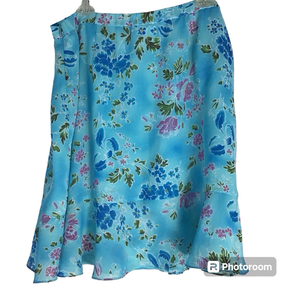 Coldwater Creek Blue Floral Ruffle Hem Romantic Garden Party Flare Lined Skirt